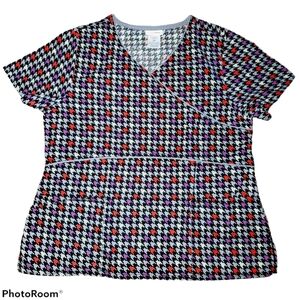 ScrubStar Mock Wrap V-Neck Heart Houndstooth Scrub Top - Black, Red, Purple - XL